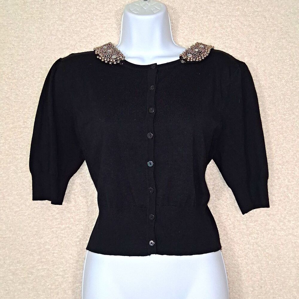 JOSEPH A. Women's Beaded Rhinestone Cardigan Sz L Retro Glam 50s Bling Goth